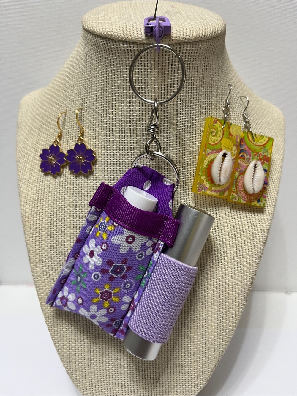 Gift Set Purple Floral Lip Balm & Mini Perfume Keychain Holder 2 pr earrings